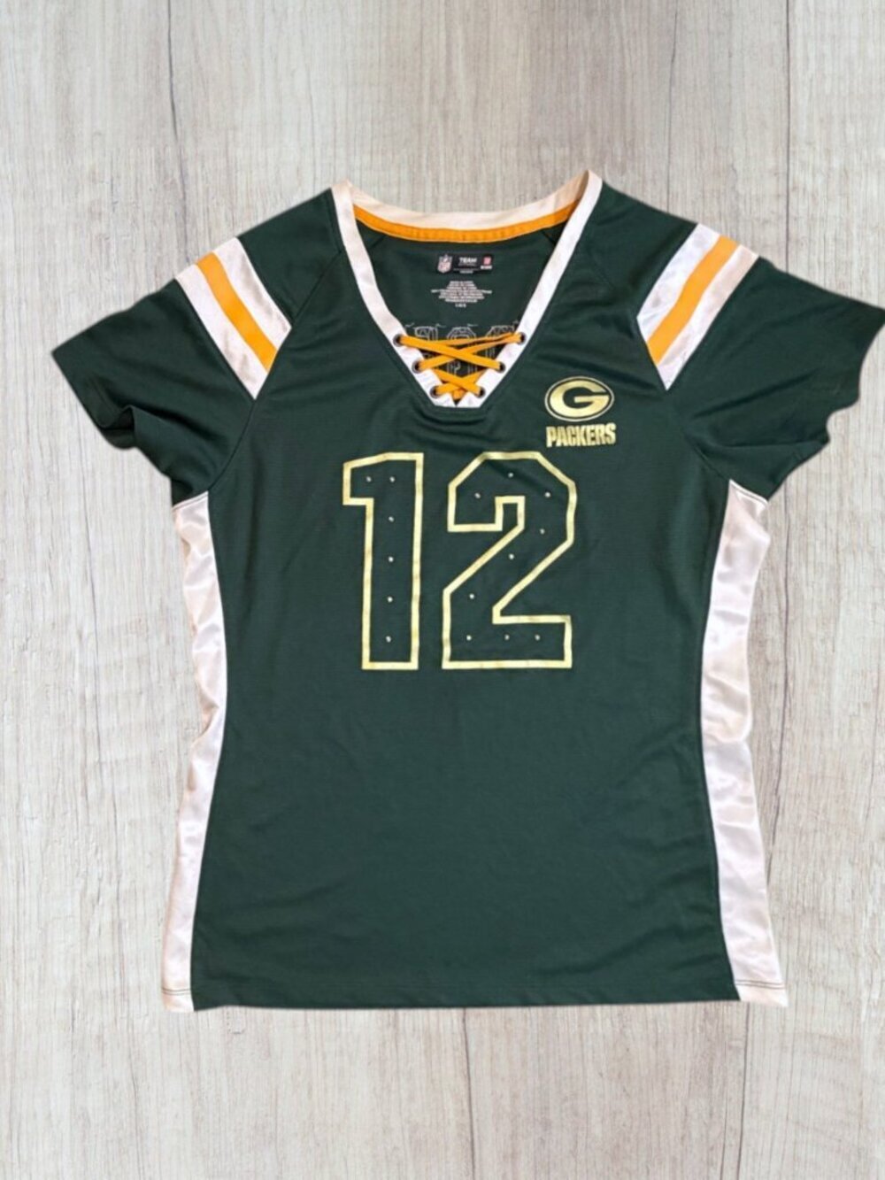 Green Bay Packers NFL Jersey Top Rodgers #12 Gold Sequin Lace-Up V-Neck Womens L